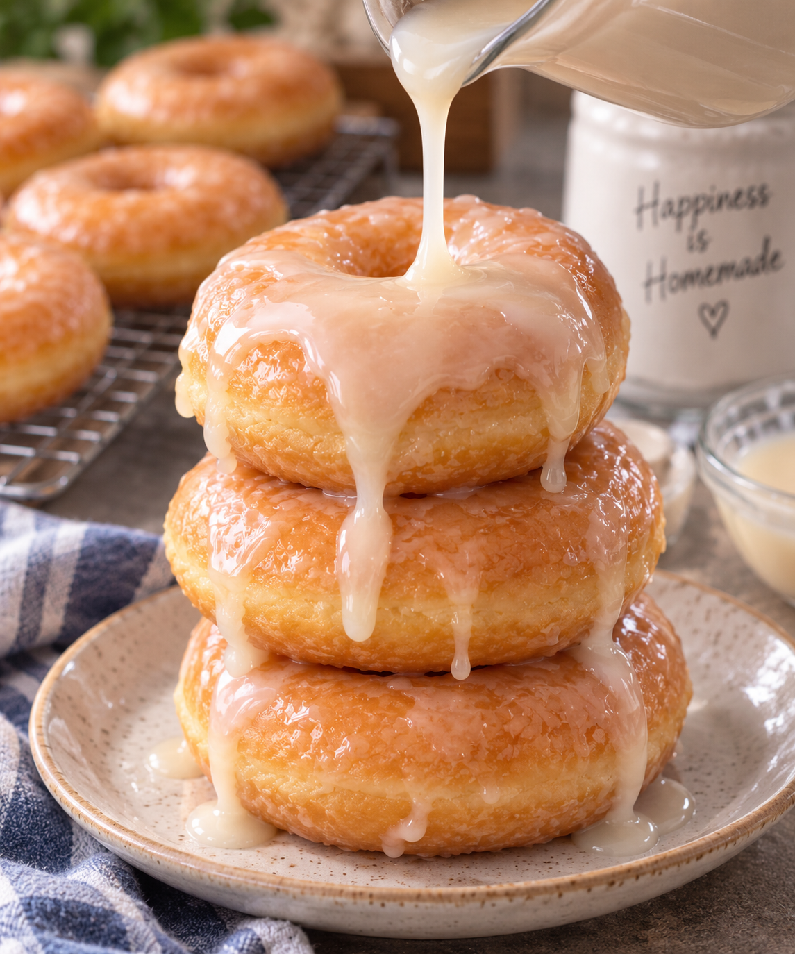 Vanilla glaze being drizzled over a stack of homemade yeast donuts